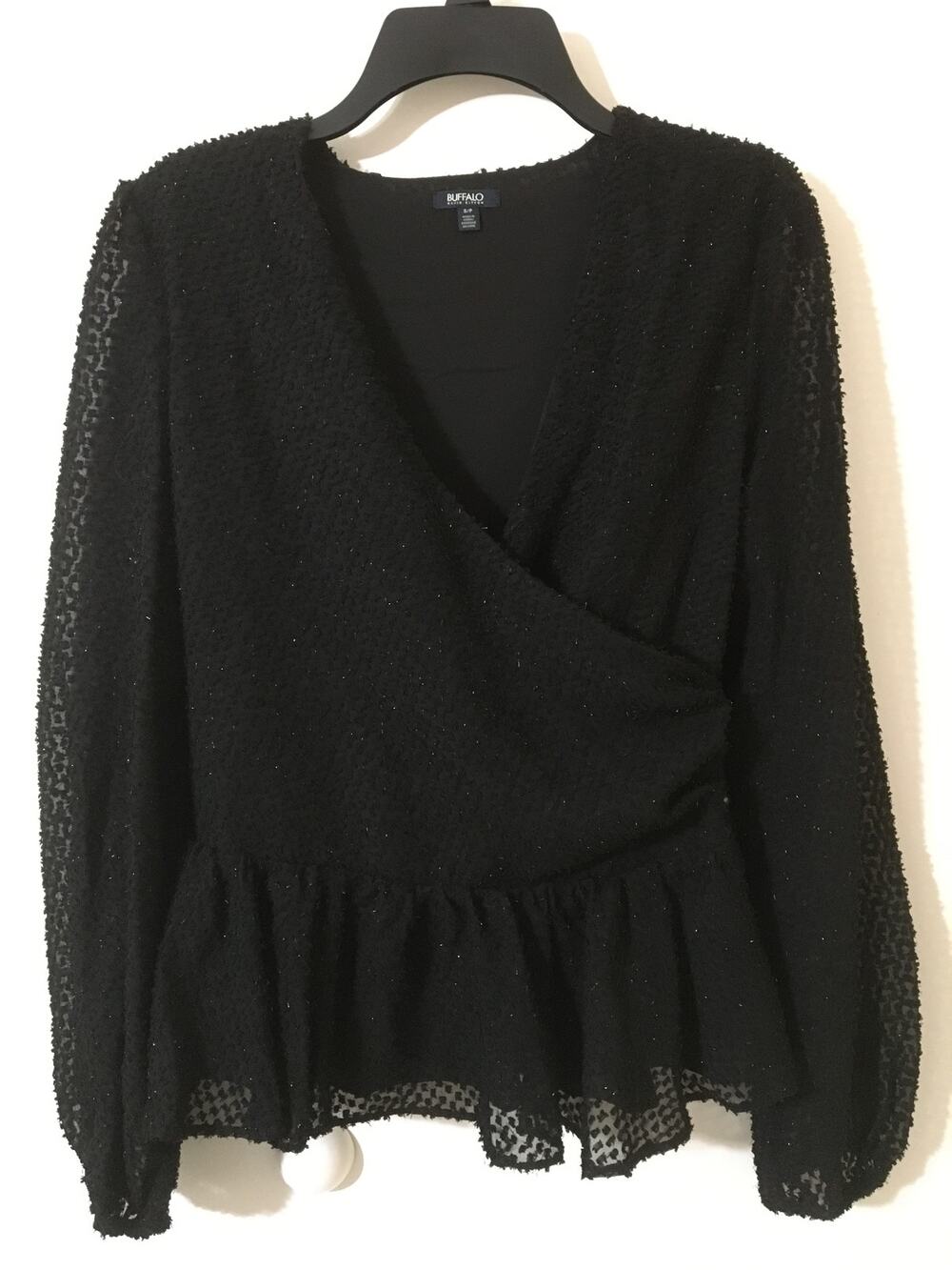 NWT Buffalo David Bitton Small Top Black Wrap Waist Ruffled Hem Sheer Sleeves
